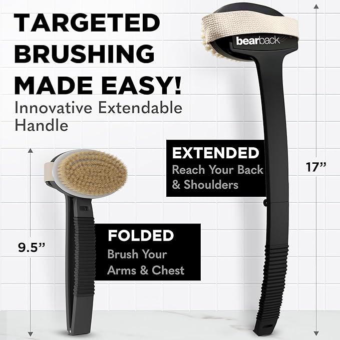 Bearback Dry Brushing Body Brush with Natural Bristles - Premium Exfoliating Brush for Shower or Dry Brushing | Long Folding Handle, Removable Brush Head