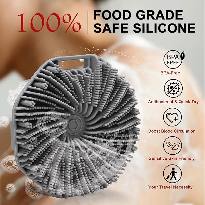 Silicone Body Scrubber Shower Brush, Exfoliating Body Wash Scrubbers for All Skin Types, Ergonomic No-Slip Handle, Exfoliation & Gentle Massage,Body Brush for Showering with Hanging Hole(Gray)