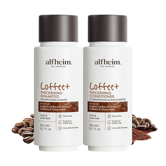ALFHEIM Coffee+ Thickening Shampoo & Conditioner Set for Fine & Thinning Hair with Caffeine, Biotin & Arabica Coffee Oil – Strengthens, Nourishes & Boosts Volume – Sulfate-Free – Travel Size 10.7 oz