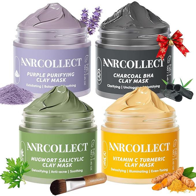 Face Mask Set, 4Pcs Clay Mask, Face Masks Skin Care with Vitamin C, Charcoal, Mugwort and Purple Clay, Skincare Christmas Gift for Blackheads & Oil Control, Stocking Stuffers for Teen Girls