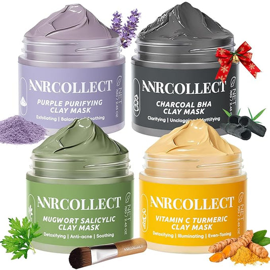 Face Mask Set, 4Pcs Clay Mask, Face Masks Skin Care with Vitamin C, Charcoal, Mugwort and Purple Clay, Skincare Christmas Gift for Blackheads & Oil Control, Stocking Stuffers for Teen Girls