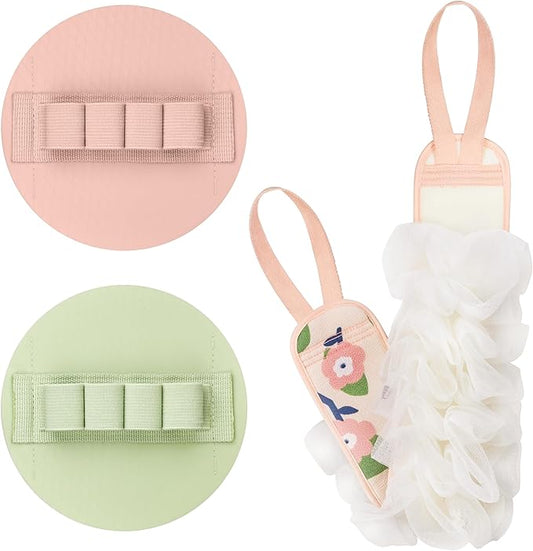 3-Pack Bath Scrubber Kit: 2 Silicone Exfoliating Pats & Double-Sided Long Handle Back Scrubber Bath Puff for Deep Cleansing. (Pink & Green & Pink)
