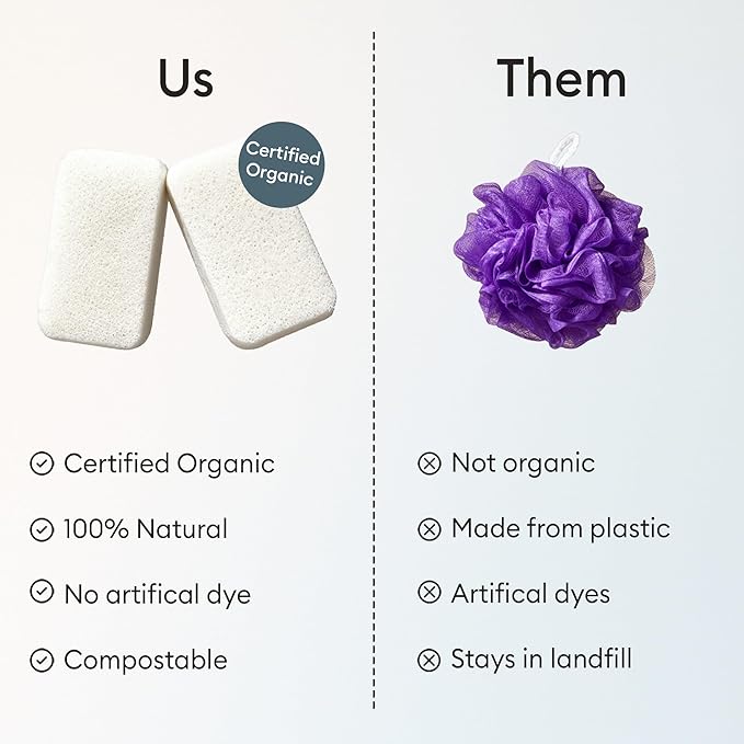 Vove Organic Konjac Body Sponges 2-Pack - Natural Full Body Exfoliating Shower Sponges, Gentle Plant-Based Cleansing for All Skin Types, Microplastic-Free Biodegradable, Certified Organic