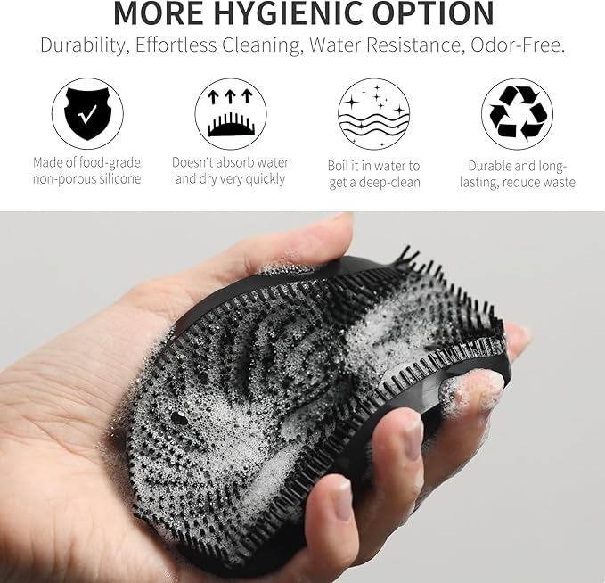 Silicone Body Scrubber, Upgrade 3rd Gen Shower Bath Brush, Lather Nicely, Soft Massage Body, More Hygienic Than Traditional Loofah, Gentle Exfoliating for Sensitive Skin, 1 Pack, Black