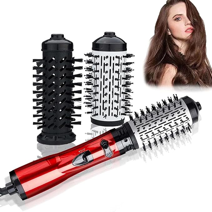 3-in-1 Auto-Rotating Hair Styler with 2 Interchangeable Brushes for Dry and Wet Hair, Curling Hot Air Dryer (Red)