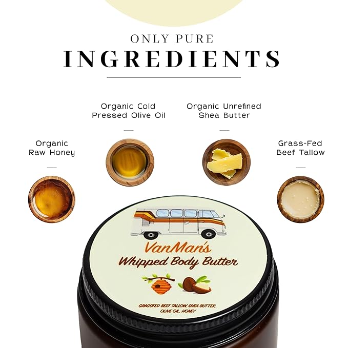 Vanman's - Whipped Tallow - Body Butter with No Essential Oils - Body Moisturizer with Grass-Fed/Finished Beef Tallow for Skin - Organic Shea Butter, Cold Pressed Olive Oil and Raw Honey - 2.9 oz