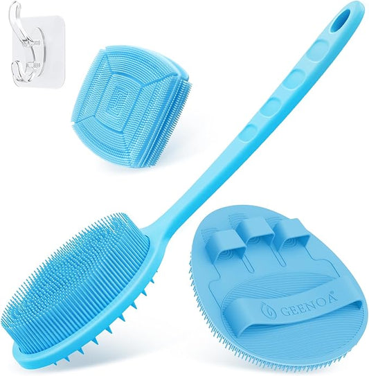 Silicone Back & Face Scrubber & Bath Glove Set 3PCS, 13.4'' Gentle Back Scrubber with Dual-Side Head, 360° Anti-Slip Bath Glove, Unique Side-bristled Face Scrubber for All-Round Cleaning(Blue)