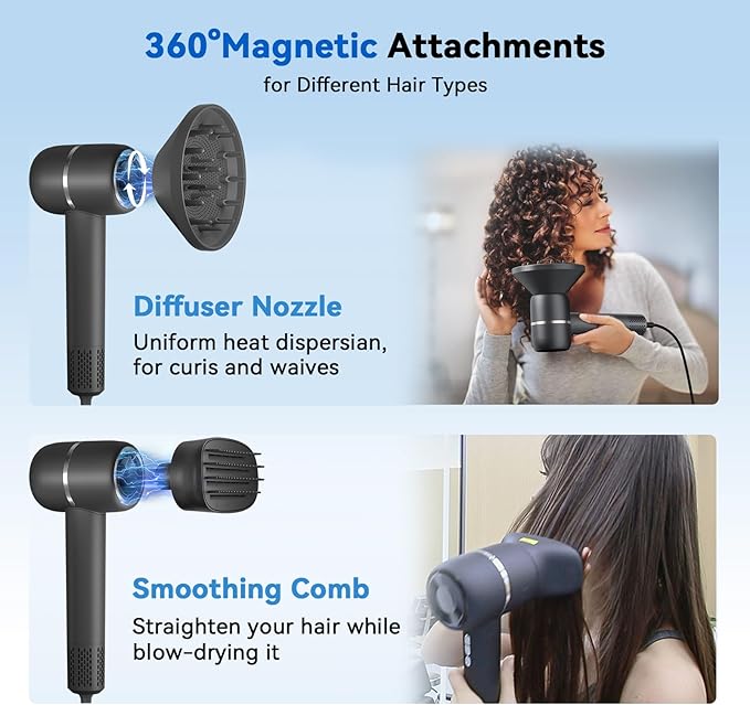Hair Dryer with Smoothing Comb, 160000RPM High Speed Blow Dryer, Negative Ionic Hair Care, Fast Drying and Less Heat Damage, Thermo-Control Low Noise & Portable with Diffuser, Black
