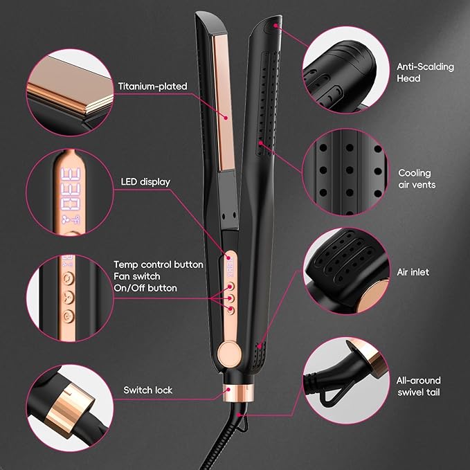 SKIMI Airflow Styler, Titanium Flat Iron Hair Straightener, Professional Curling Iron with Cooling Air Vents to Lock in Style, 5 Temps & Dual Voltage, Auto Off (Black & Rose Champagne).
