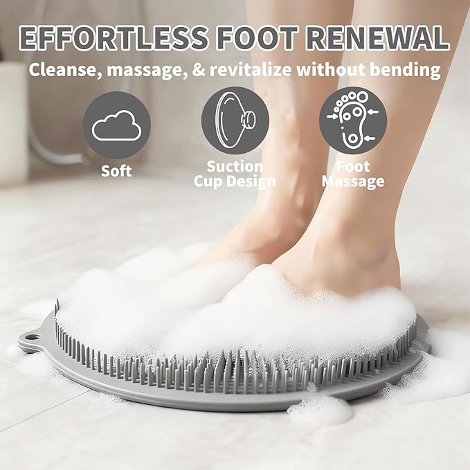 2 Pack Shower Foot Scrubber & Shower Back Scrubber Wall Mounted with Delicate Brush,Gentle Exfoliation Silicone Foot Scrubber for Shower,Non-Slip Back Washer for Shower(Grey and Grey)