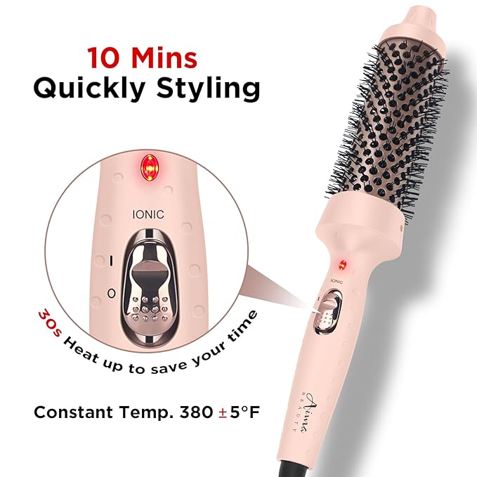 Aima Beauty Hot Brush, 1.3"/35mm Heated Curling Brush, Ion Hair Care Thermal Round Brush Makes Hair Smoother & Softer, Create Voluminous Curls Effortlessly, Dual Voltage, 60Mins Auto-Off, Pink