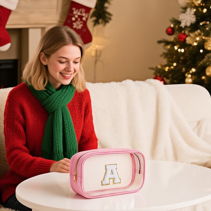 YOOLIFE Initial Make Up Bag Travel Toiletry Bag for Women, Clear Makeup Bag Organizer Cosmetic Bags Travel Essentials Gifts for Women Teen Girlfriend Teacher Mom Birthday Mothers Day Gifts Black E