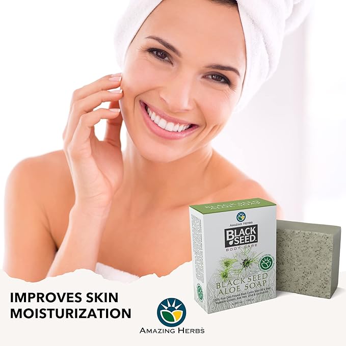 Amazing Herbs Black Seed Soap - 100% Pure Cold-Pressed Black Cumin Seed Oil, All Natural, Free of Colors, Dyes, & Fragrances - Black Seed Aleo Vera Soap, 4.25 Oz (Pack of 3)