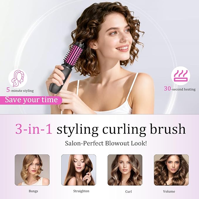 Cordless Curling Iron, Portable Hair Straightening, Cordless Hair Curler Anti-Frizz with Negative Ions, 3-in-1 Crimper Hair Tool, Rechargeable Wave Curling Wand - Rose Grey