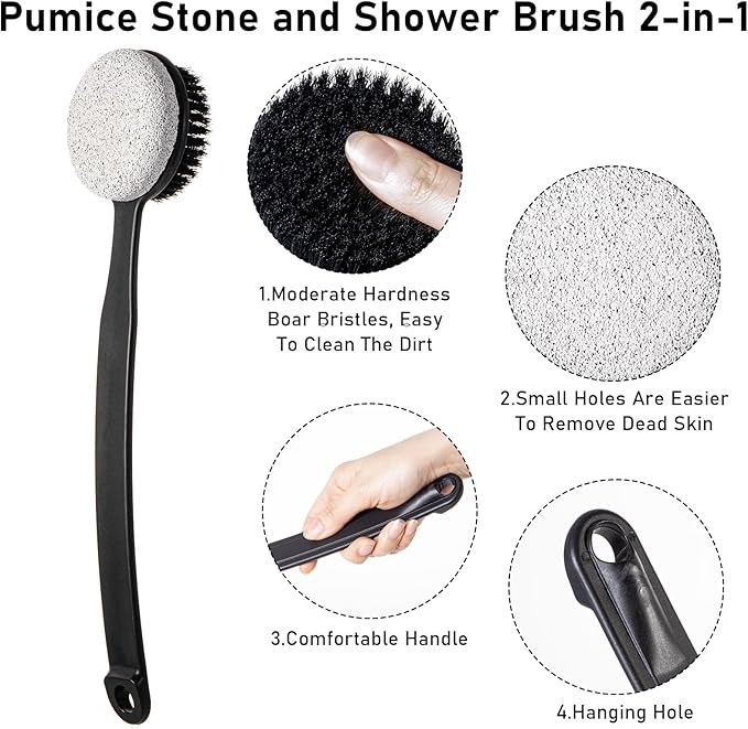 Pumice Stone for Feet and Shower Brush with Long Handle 13.7",Hard Skin Callus Remover, 2 in 1 Foot Scrubber Brush, Back Scrubber Body Brush for Shower Deep Cleansing and Exfoliating (Curved)