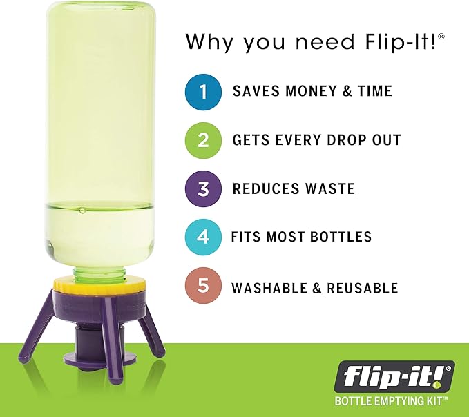 Flip-It! Bottle Emptying Kit, No More Wasted Product - Fits Most Plastic Bottles – Get Every Drop of Shampoo & Lotion – Adapters Included to fit Nivea, Eucerin, and Aquaphor