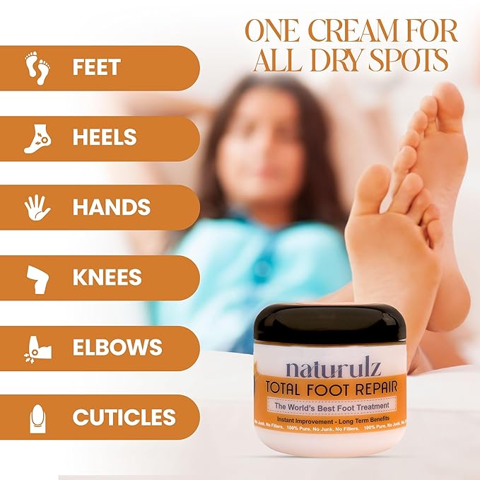 Naturulz Total Foot Repair 4oz – Intensive Moisture Foot Cream for Extremely Dry, Rough Skin & Cracked Heels and Feet- Moisture Barrier Repair for Knees, Elbows & Hands Formulated for Sensative Skin