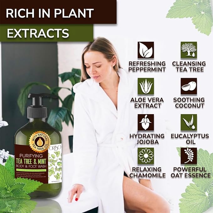 Tea Tree Body Wash with Mint for Women and Men - Helps Acne - Athletes Foot - Jock Itchy - Ringworm - Eczema - Body Odor - Itchy Skin - Moisturizing and Hydrating Sensitive Skin - 16oz