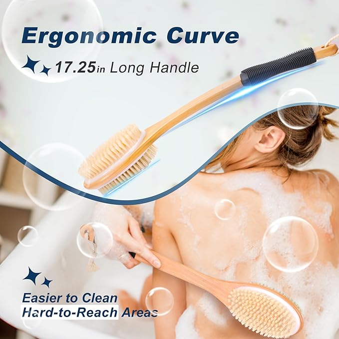 Long Handle Ergonomically Back Scrubber/Brush for Shower, Double Sided Exfoliating Body Scrubber for Women and Men (Black)