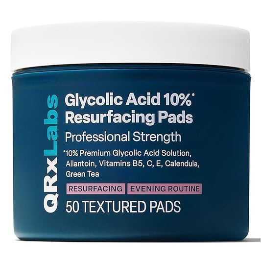 QRxLabs Glycolic Acid Pads - 10% Glycolic Acid Exfoliating Pads - Rinse-Free Face Peel - Antioxidant Chemical Exfoliant with Vitamins B5, C & E, Green Tea Extract - 50 Count, Mint & Eucalyptus