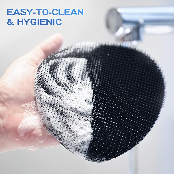 Manmihealth 4 Pack Soft Silicone Shower Brush, Super-Lathering and Deep-Cleaning Body & Face Scrubber, Gentle Exfoliating Bath Glove for All Skin Types, with Free Hooks (Black+Gray)*2