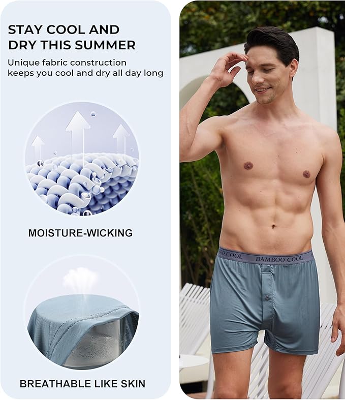 BAMBOO COOL Soft Men's Boxer Shorts 3 Pack,Silk Feeling Underwear for men with Button Fly,Breathable Loose Fit Boxers