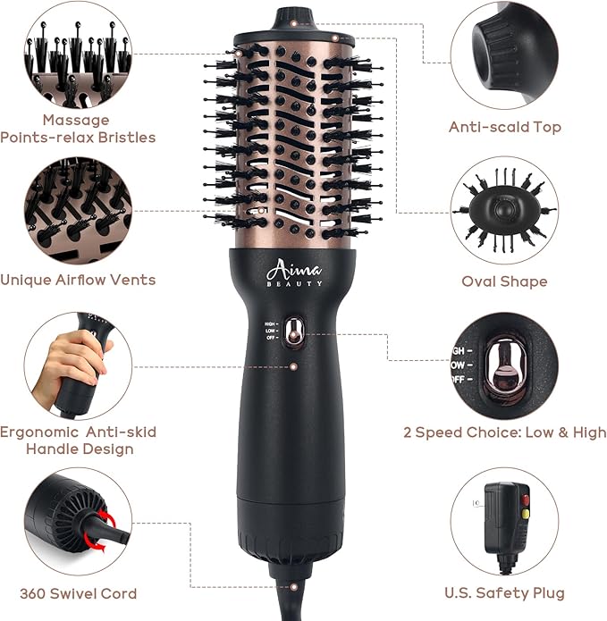 Aima Beauty 4 in 1 Worldwide Travel Hot Air Brush Dual Voltage Blowout Brush Oval Shape 110-120V/220-240V Straightener Blow Dryer Brush Negative Ionic Lock Moisture Gift 360° Swivel Cord Black