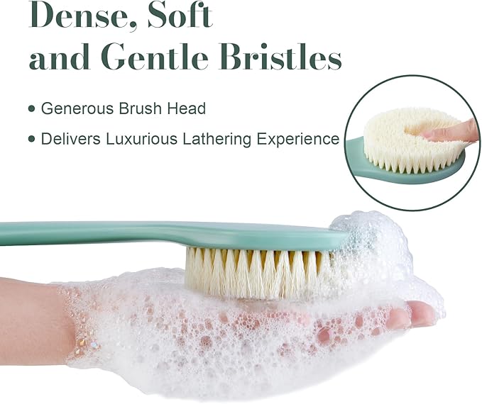 Back Scrubber for Shower, Shower Body Brush for Cleaning with Long Handle for Showering, 17 Inch Back Washer Exfoliator for Shower Men Women with Non-Slip Handle, Adhesive Hook (Pea Green)