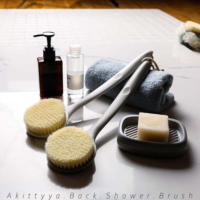 2 Pack Shower Brush for Back, 14in Body Brush Long Handle Back Scrubber, Soft Bristles Shower Brush for Men & Women, Bath Scrubber with Scalp Massager Shampoo Brush and Mini Exfoliating Brush (2 Pack)