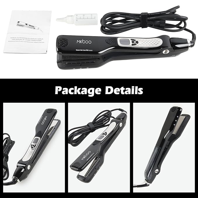 MKBOO Hair Straightener with Steam, Salon Professional Nano Titanium Ceramic Steam Flat Iron with Removable Comb+Digital LCD+5 Level Adjustable Temperature+Auto Temperature Lock Black