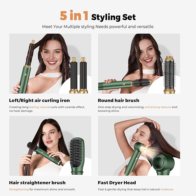 5 in 1 Hair Dryer Brush Set,Professional Negative Ionic Hot Air Styler, Air Curling Wrap Styler,Detachable Blow Dryer Brush With Auto Wrap Curlers,Hair Styling Tools For Straight/Curl/Drying/Smoothing