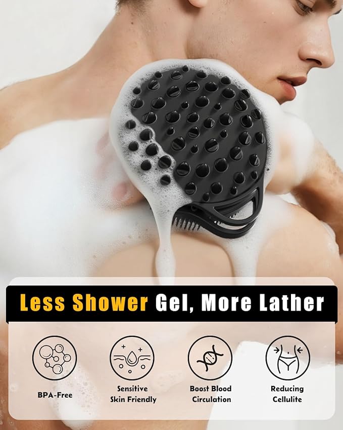 2 in 1 Silicone Body Scrubber, Anti Cellulite Massage Scrubber, Exfoliating Shower Brush for Men & Women, Removes Dead Skin, Reduces Cellulite, Improves Circulation, Fast Dry, Non Slip (1PC, Black)
