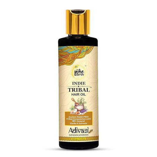 The Indie Earth Indie Tribal Adivasi Hair Oil Based on Hakki Pikki Tribe’s Hair Care Formula with 50+ potent ingredients including Moringa, Bhringraj, Hibiscus, Heena, Blackseed & Rosemary Oil