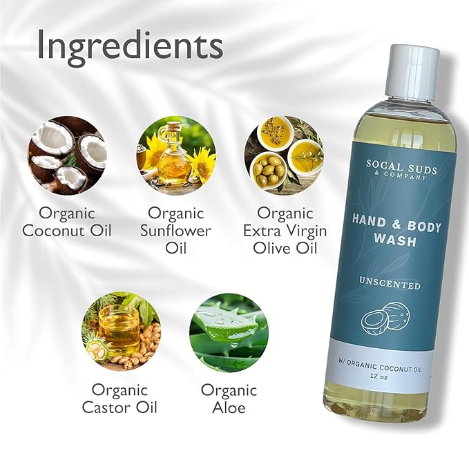 SoCal Suds & Company - 12oz Organic Soap Liquid, Gentle Hand & Body Wash, Body Wash for Men and Women, Made w/Organic Oils & Coconut Oil, Bath Essentials for All Skin Types - 2pk Fragrance-Free