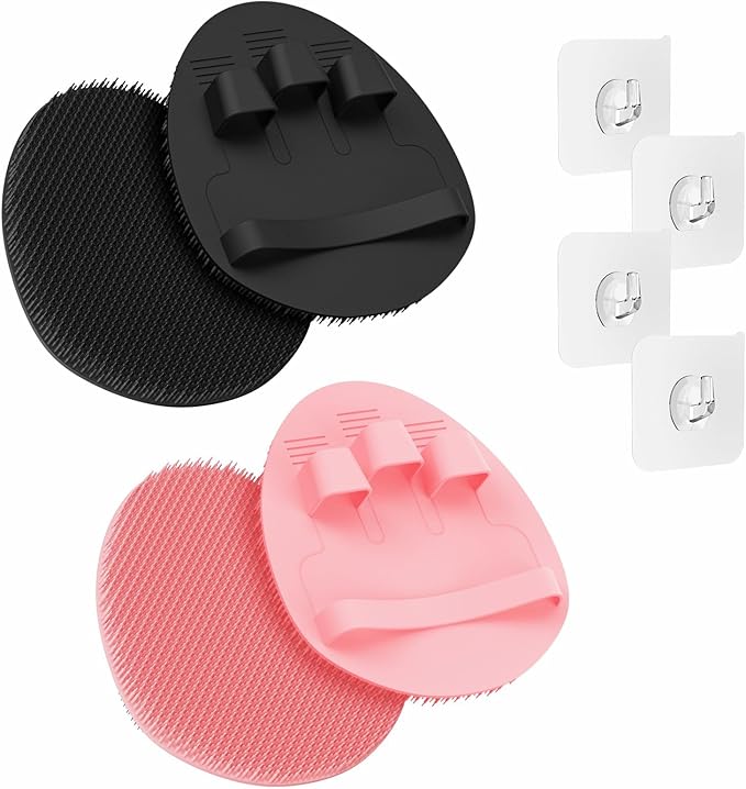 Manmihealth 4 Pack Soft Silicone Shower Brush, Super-Lathering and Deep-Cleaning Body & Face Scrubber, Gentle Exfoliating Bath Glove for All Skin Types, with Free Hooks (Black+Pink)*2