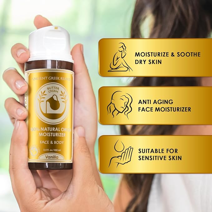 Ancient Greek Remedy Vanilla Butter Cream - Organic Body & Face Moisturizer with Sweet Almond, Jojoba & Rosehip Oils, 100% Natural Origin, Vegan, No Synthetic Fragrance 3.4 oz