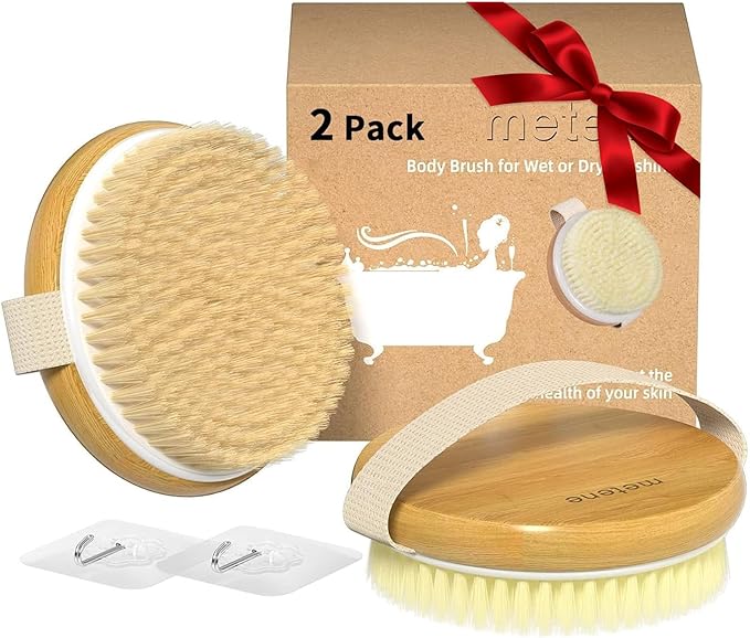 Metene 2 Pack Bamboo Dry Body Brushes, Shower Brush Wet and Dry Brushing, Dry Brush for Cellulite and Lymphatic, Body Scrubber with Soft and Stiff Bristles, Suitable for All Kinds of Skin