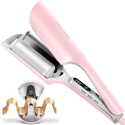 ELLA BELLA® Ultimate Waver Curling Iron • Crimper Hair Tool • Adjustable Heat Settings Dual Voltage • Anti-Scald Tech • Ionic Ceramic Coating for Long-Lasting, Frizz-Free Beach Waves (Pink & Grey)