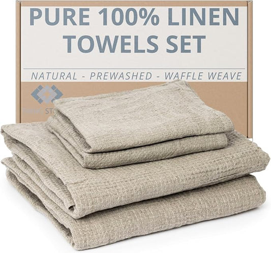 4-Piece 100% Linen Towels Set - 2 Bath Towels Set, 2 Hand Towel Sets - Natural Fiber Waffle Towels for Bathroom Thin Pre-Washed Lightweight Quick-Dry Absorbent