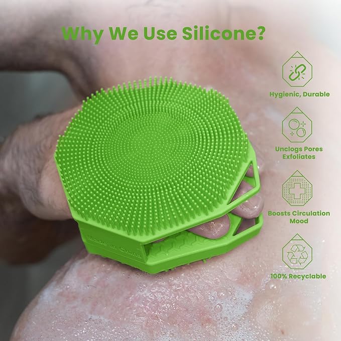 iTokGoK® Premium Silver-Infused Double-Sided Design 2-in-1 Silicone Body Scrubber for Men,Body Buffer Scrubber for Sensitive Skin, Ergonomic No-Slip Handle, Long-Lasting & Easy to Clean - Green