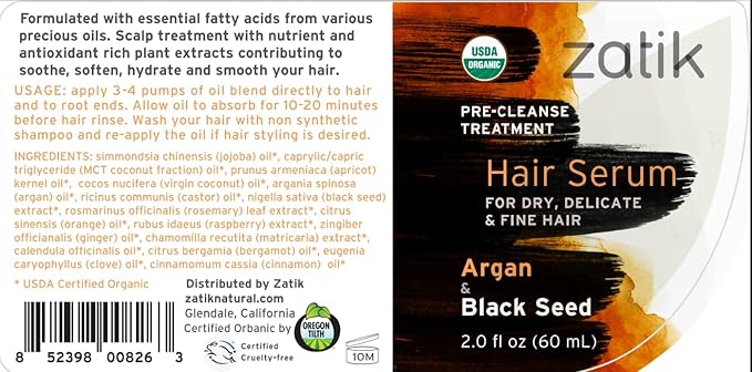 Zatik Naturals - Hair Serum with Argan & Black Seed Organic Oil Blend, For Curl enhancing and fine hair, Vegan, Non-GMO, Free of Gluten, Soy, Alcohol - pH Balanced, Biodegradable, 2.0 fl oz, 60ml