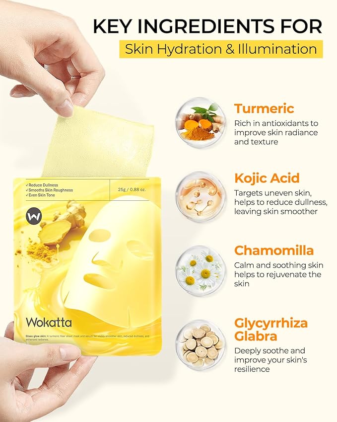 6 Sheet Masks Kojic Acid Turmeric Face Mask Even Skin Tone, Elasticity, Radiant, Moisturizing, Hydrating Face Masks for Dull Skin Facial Mask Controlling Oil and Refining Pores Facemask Skincare