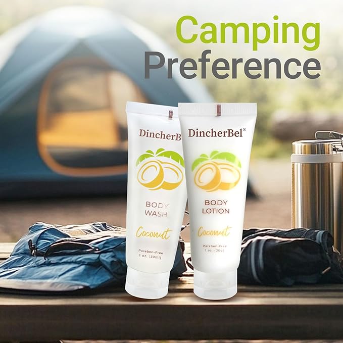 DincherBel Travel Size Body Wash and Body Lotion - Bulk Hotel Toiletries Supplies for Guests - Refreshing Tropical Coconut Scent Shower Gel and Body Cream for Men & Women (1 Fl Oz, 100 Pack)