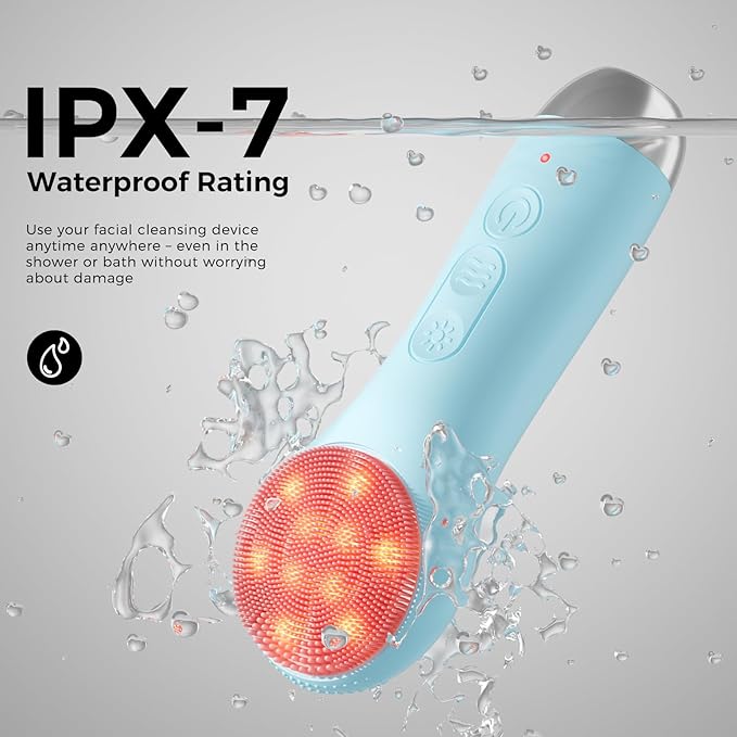 Facial Cleansing Brush Electric Face Scrubber - Rechargeable Face Cleansing Brush with 4 LED Gentle Light Silicone Heat and Vibration Exfoliator Massage Deep Cleansing,IPX7 Waterproof,Ideal Gift﻿