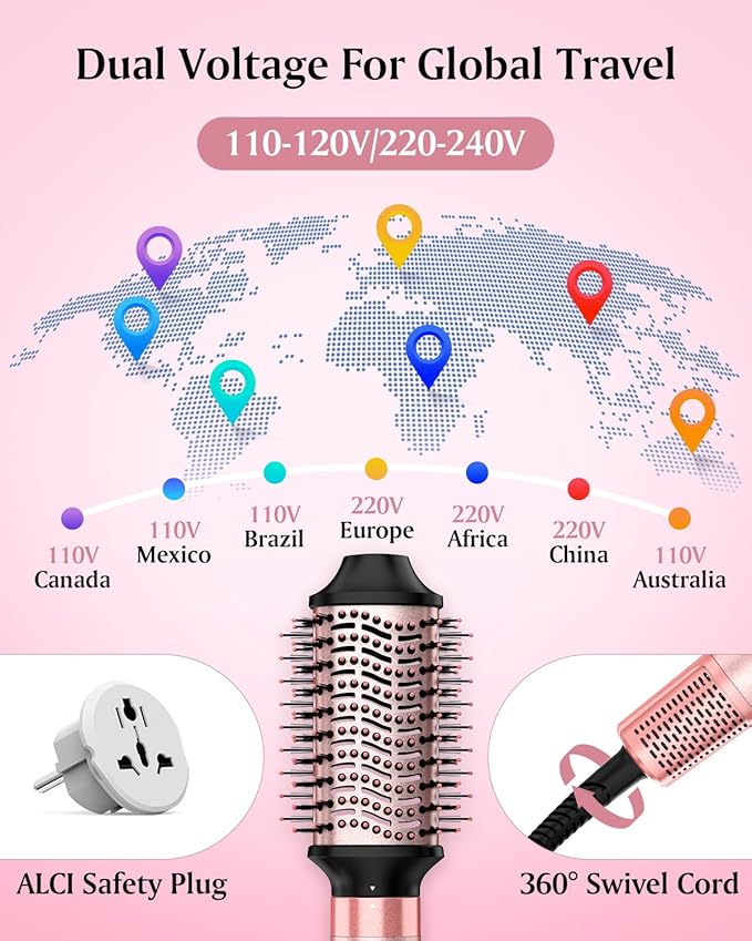 Brightup Dual Voltage Air Wrap Hair Styler - 5 in 1 High Speed Hot Air Styler 1400W Blow Dryer Brush, Negative Ions, Cool Shot Button, Curler, Volumizer, Straighter, No Heat Damage, with Travel Bag