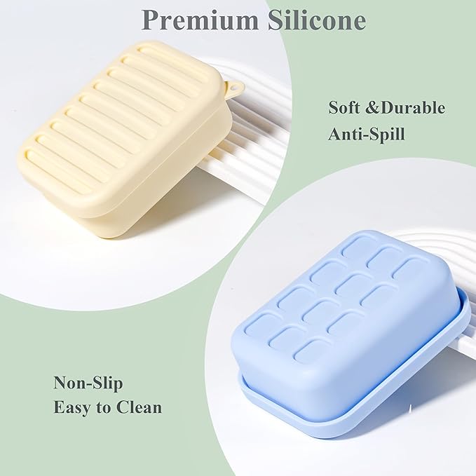 2PC Portable Leakproof Travel Soap Case, Silicone Travel Soap Case, Compact Soap Holder with Drainage Layer, Travel Soap Holder for Camping, Gym, Outdoor (Blue&Yellow)