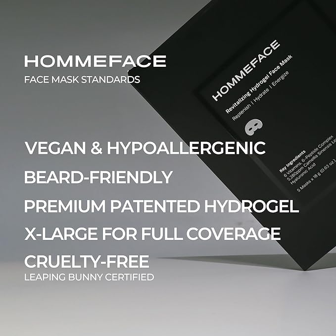HommeFace Men’s Revitalizing Hydrogel Facial Mask Set (5ct) - Hydrating, Beard-Friendly, Anti-Aging, Soothing Face Sheet Masks - Korean Skincare Technology with Hyaluronic Acid, Vitamins & Peptides