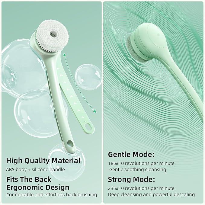 Electric Body Brush Back Scrubber for Shower, Waterproof Long Dual Handle Power Body Scrubber with 3 Heads, Rechargeable Bath Brush & 2 Speeds, for Cleansing, Exfoliating and Massaging Skin
