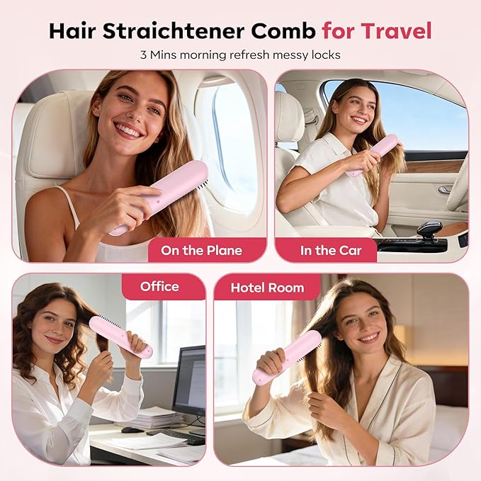 Go Brush Pro 2025 Hair Straightener Brush 300 Million Negative Ionic Portable Hair Straightener Comb for Women with 4 Temps Fast Heating MCH Ceramic Coating Smooth Frizz Hair Light Pink