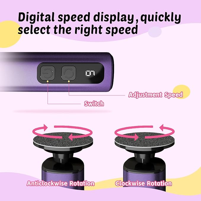 Electric Foot Callus Remover - 9-Speed with Glass Crystal Grinding Disc & Storage Box, 80/120 Grit Sandpapers (20pcs), 10 Nail Heads, Type-C Fast Charge for Dead Skin